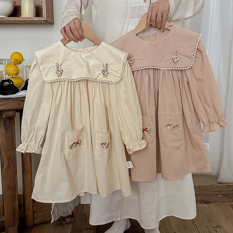 Design Autumn Girls Rabbits and Mushrooms Embroidery Pattern Long Sleeves Pocketed Dress