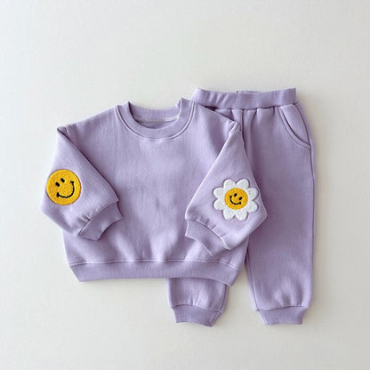 Baby Girls Kids Cartoon Pattern Knitted Crew Neck Casual Pullover Solid Color Pants Set