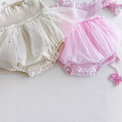 Summer New Arrival Baby Girls Sleeveless Solid Color Pleated Strap Tulle Onesies Dress