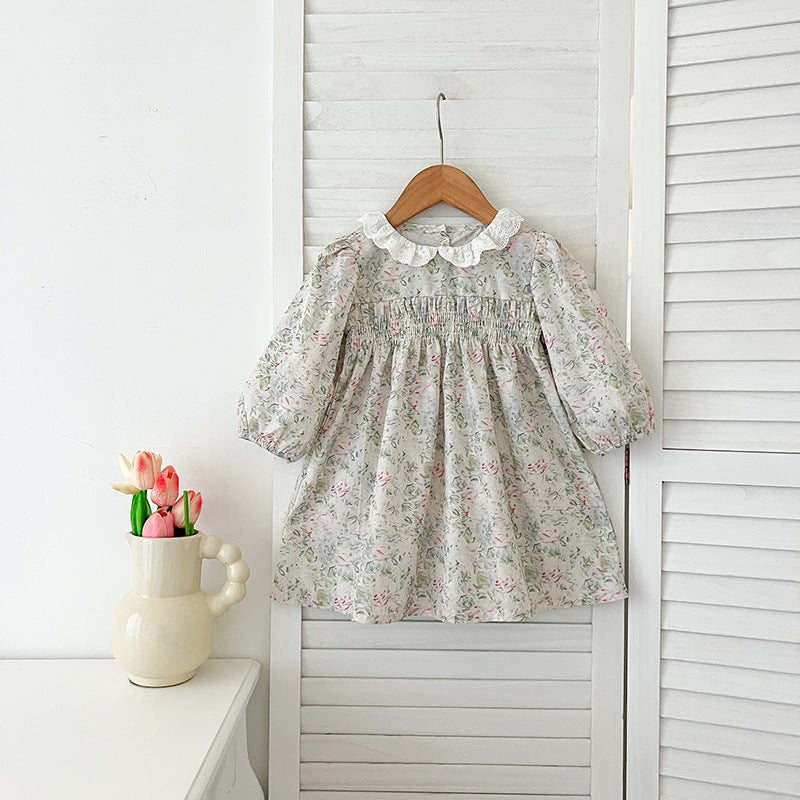 Conjunto de otoño para niñas y bebés, mono y vestido con cuello francés y estampado floral verde claro de manga larga, conjunto a juego para princesas y hermanas 