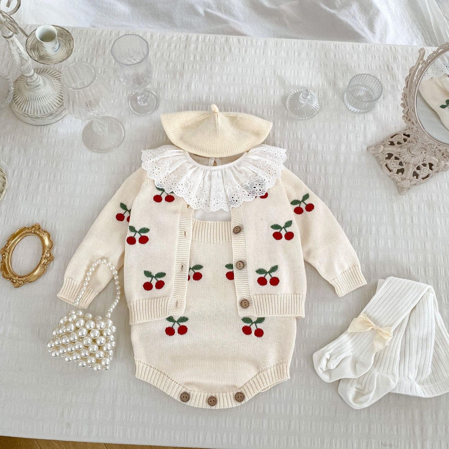 Arrival Autumn Baby Unisex Long Sleeves Cherry Jacquard Pattern Strap Onesies and Crew Neck Cardigan – Matching Set