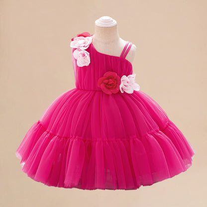 Summer Baby Kids Girls Princess Sleeveless 3D Flowers Birthday Tulle Dress