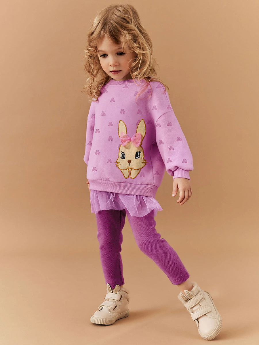 Spring And Autumn Girls Cute Cartoon Rabbit Pattern Long Sleeves Top Dress And Pants Clothing Set