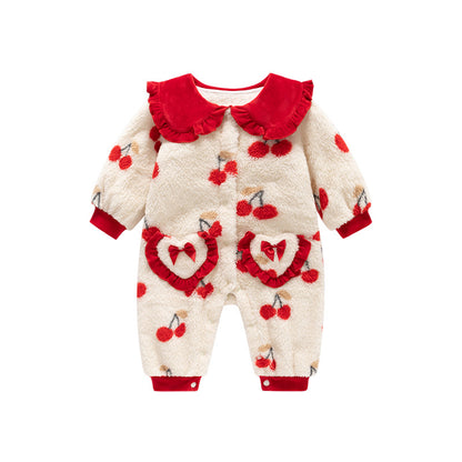 Autumn and Winter New Arrival Baby Girls Cherry Pattern Polar Fleece Rompers