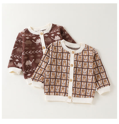 Autumn New Arrival Baby Kids Unisex Comfortable Animals and Geometric Pattern Knitted Long Sleeves Cardigan