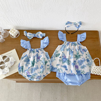 Summer Girls Flowers Pattern Sleeveless Strap Onesies And Clothing Set – Sister Matching Clothing Set