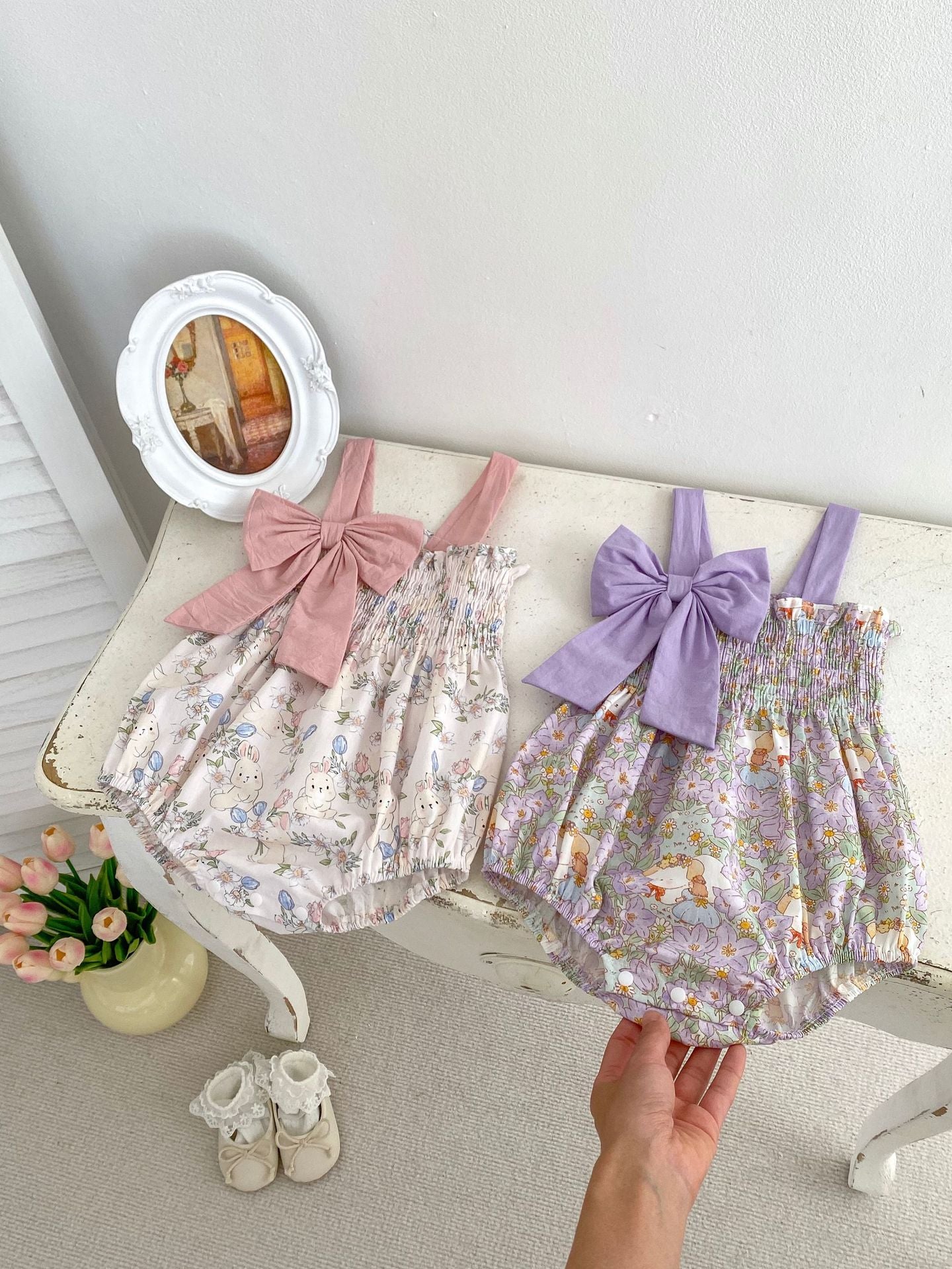 Summer Hot Selling Baby Girls Floral Cartoon Print Sleeveless Bows Strap Onesies