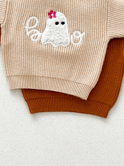 Autumn New Arrival Baby Kids Unisex Comfortable Halloween Ghost Pattern Knitted Long Sleeves Pullover