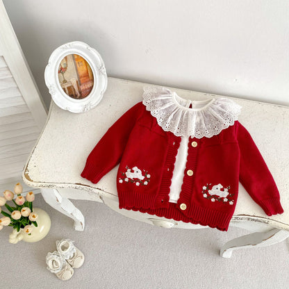 Arrival Baby Girls Comfortable Rabbits Embroidery Pattern Knitted Long Sleeves Cardigan