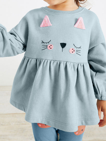 Spring And Autumn Girls Cartoon Cats Pattern Long Sleeves Crew Neck Top Dress And Pants Clothing Set