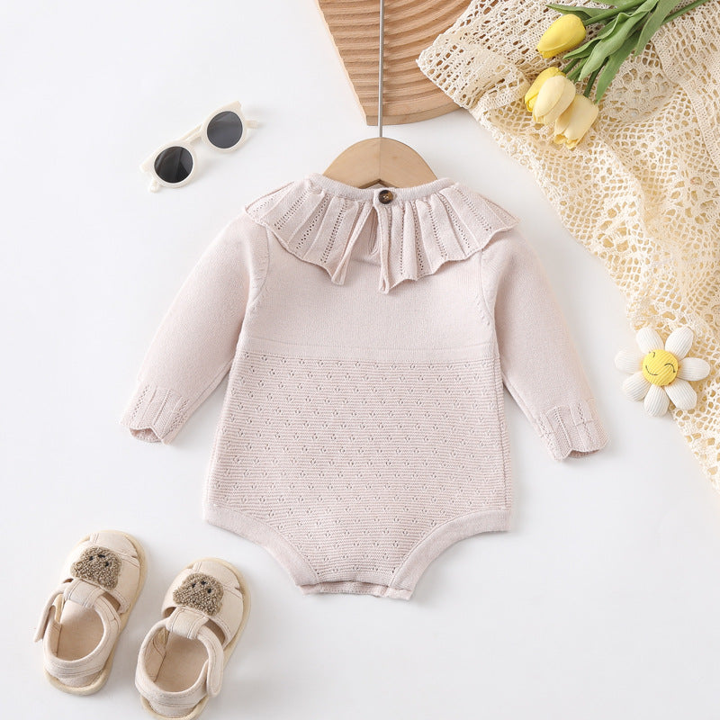 Autumn New Design Baby Girls Solid Color Long Sleeves Hollow Out Ruffle Collar Knitted Onesies