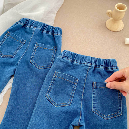 Pantalones vaqueros acampanados de mezclilla azul para niñas y bebés, informales, modernos, de otoño, recién llegados 