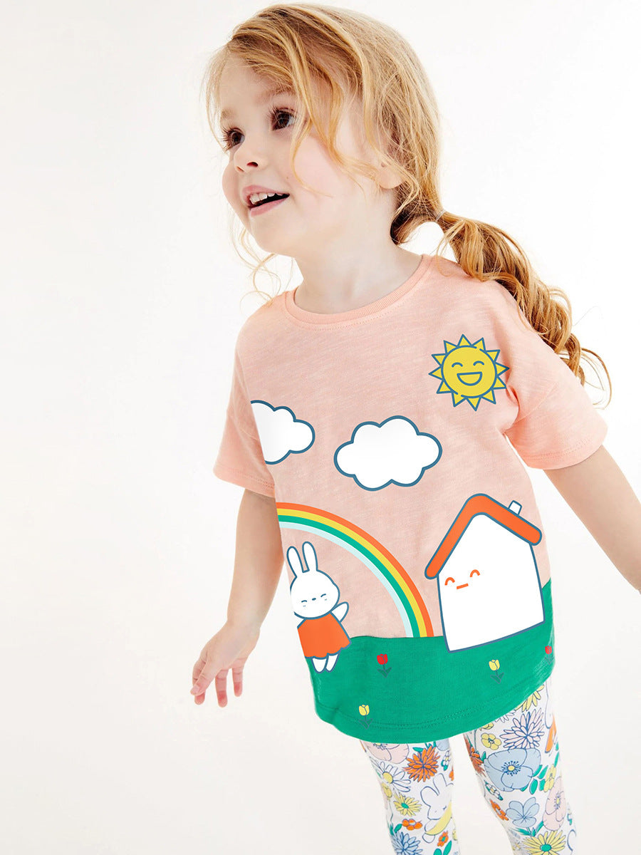 Girls Sunny Day Cartoon T-Shirt And Floral Pants Set