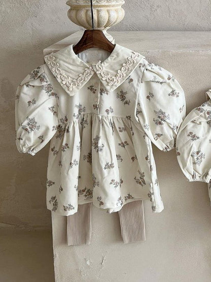 Vestido vintage de primavera suave con estampado floral y cuello vuelto para niñas