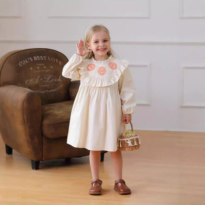 Arrival Autumn Girls Butterfly Embroidery Pattern Long Sleeves Ruffle Neck Dress