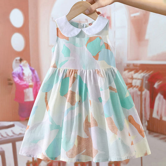 Vestido fino con estampado colorido y cuello Peter Pan sin mangas para niñas de verano 