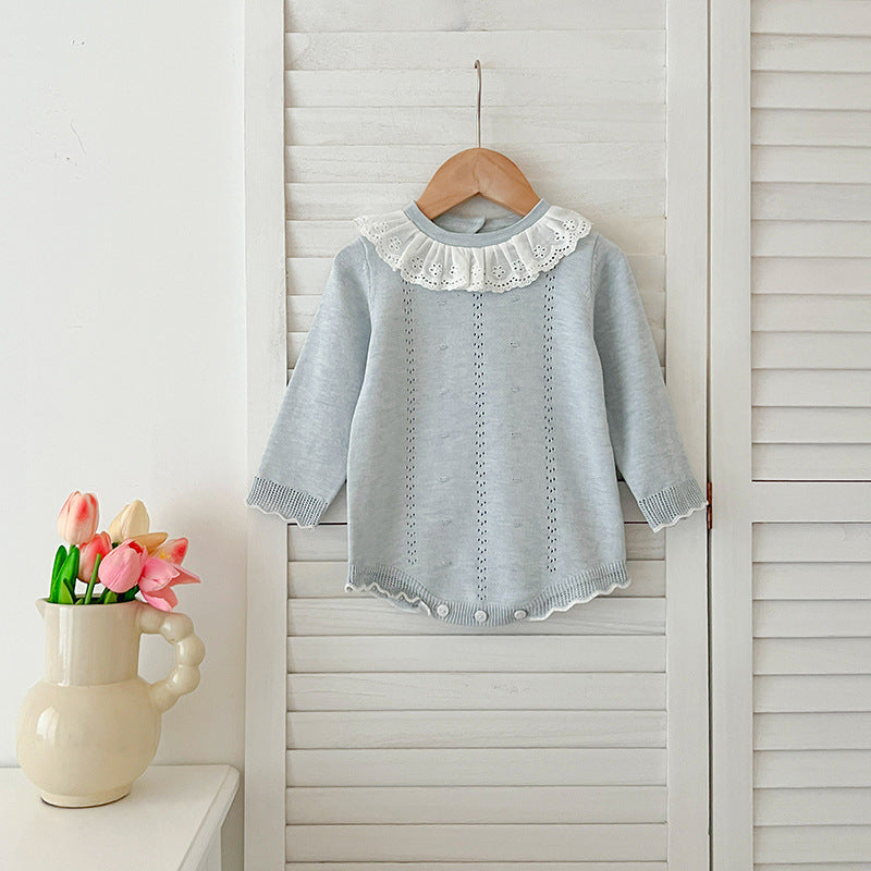 Autumn New Design Baby Girls Long Sleeves Hollow-out Striped Pattern with Cute Collar Onesies