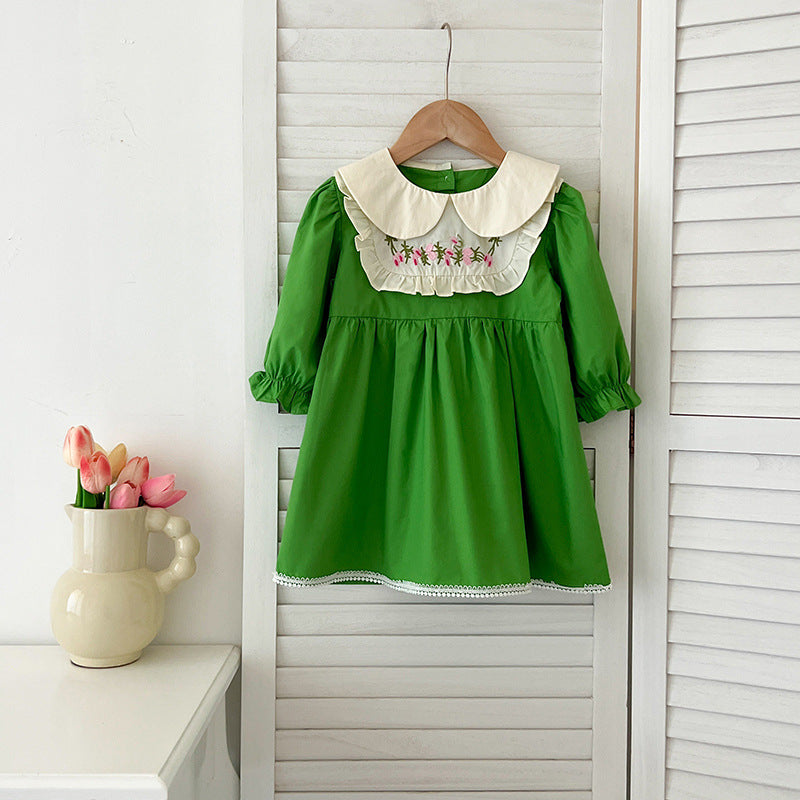 Conjunto de otoño para niñas y bebés, mono y vestido con estampado de flores bordadas y cuello Peter Pan de manga larga, conjunto a juego para princesas y hermanas 