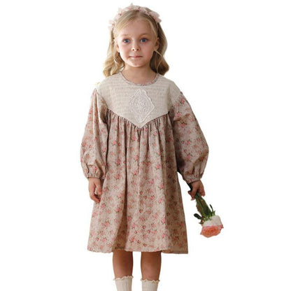 Design Autumn Girls Fashion Floral Long Puff Sleeves Crew Neck Dress