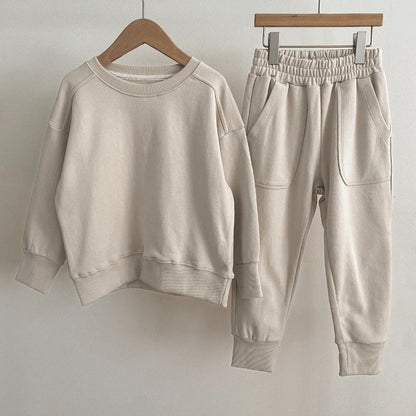 Autumn Baby Kids Unisex Casual Solid Color Long Sleeves Pullover and Pocketed Pants Clothing Set