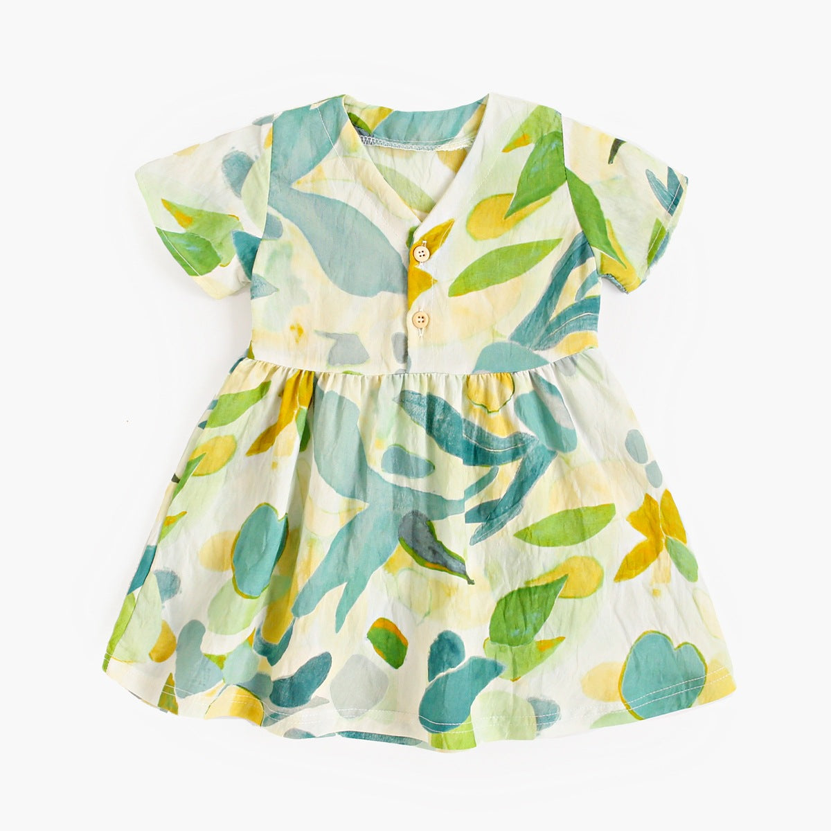 Summer New Arrival Baby Girls Casual Leaves Print Short Sleeves V Neck Dress