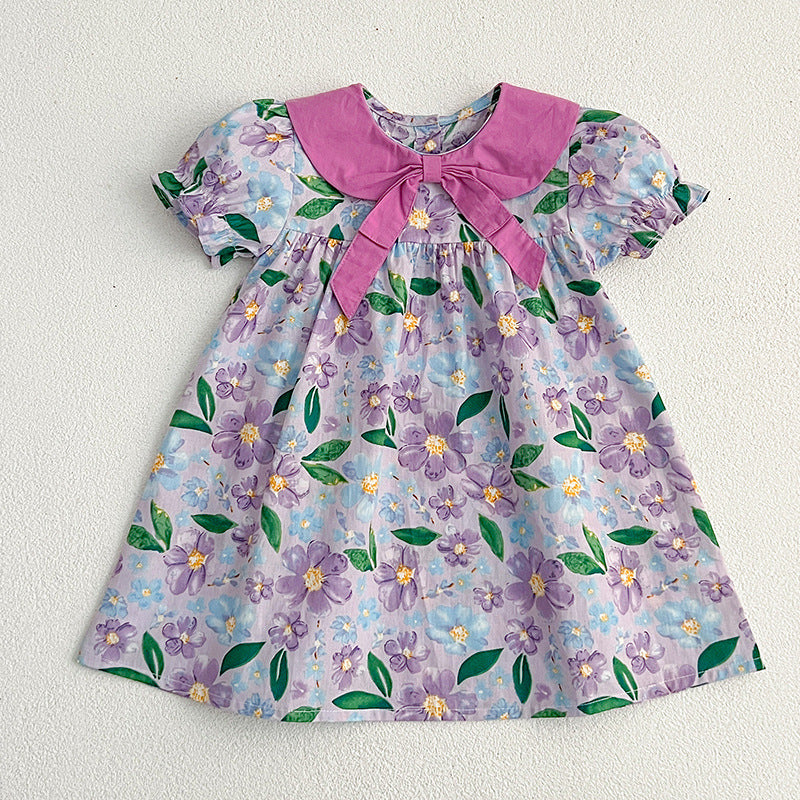 New Arrival Summer Girls Floral Print Short Sleeves Bow Design Collar Dress