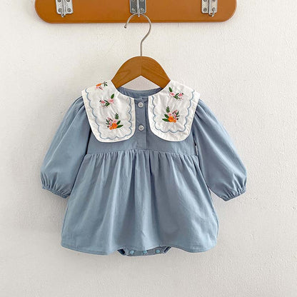 Autumn New Arrival Baby Girls Long Sleeves Flowers Embroidered Pattern Crew Neck Onesies Dress