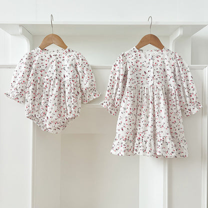 Spring Baby Girls French-style Floral Print Long-sleeved Onesies and Dress – Princess Sister Matching Set