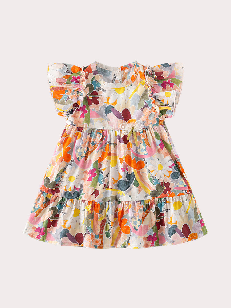 Baby Girls Floral Print Crew Neck Fly Sleeves Dress In Summer