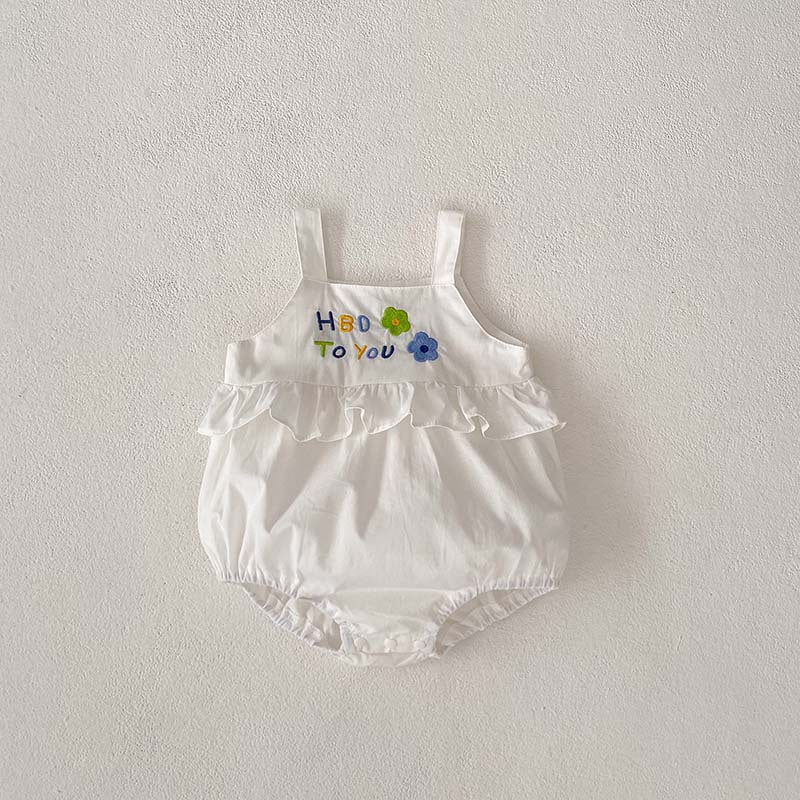 Summer New Arrival Baby Girls Sleeveless Letters And Flowers Embroidery Strap Onesie