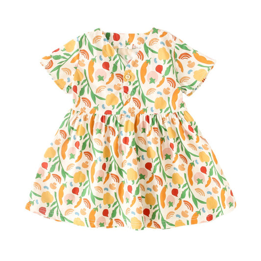 Vestido de verano con cuello en V y mangas cortas con estampado de verduras informal para niñas pequeñas 