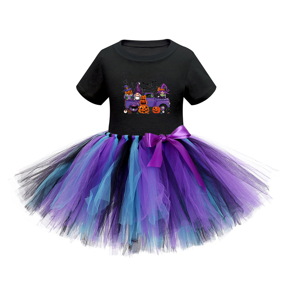 Arrival Girls’ Halloween Costume: Short Sleeves Cartoon Print Witches Cosplay Party Tulle Patchwork Dress