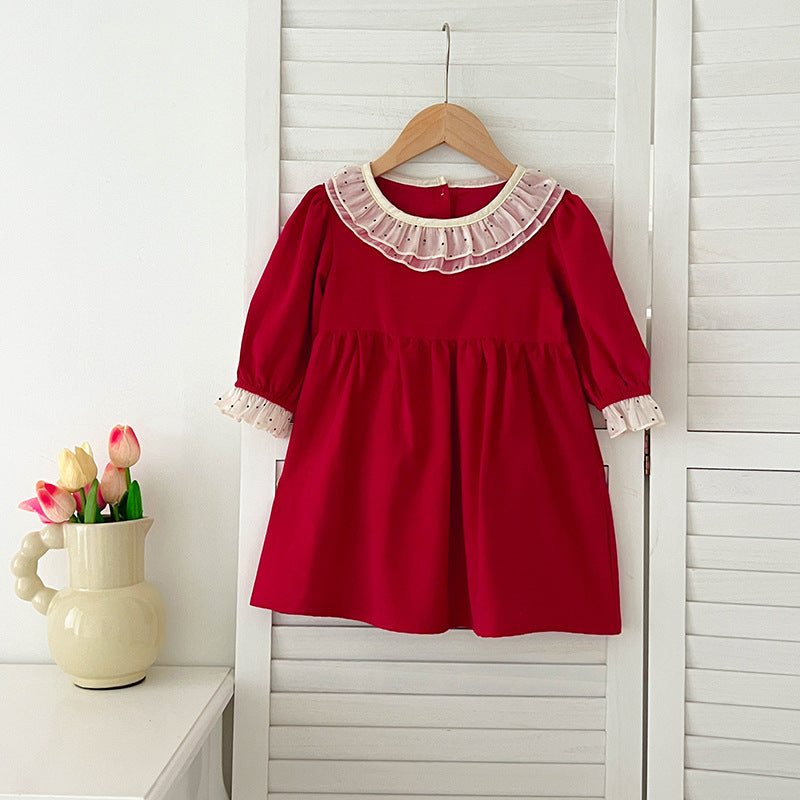 Conjunto de pijama y vestido de manga larga con cuello y estampado de lunares para niñas y bebés de otoño – Conjunto a juego de princesa y hermana 