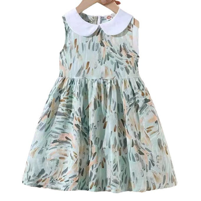 Arrival Summer Girls Sleeveless Peter Pan Collar Colorful Pattern Thin Dress