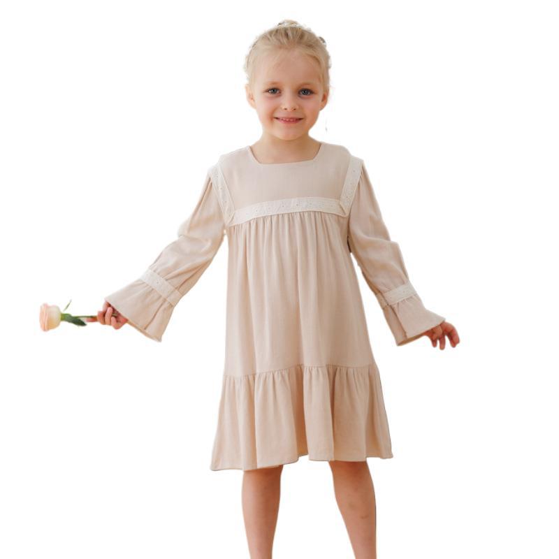 Arrival Autumn Girls Simple Square Neck Long Sleeves Patchwork Design Dress