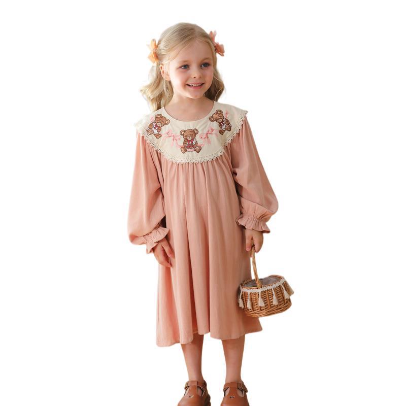 Arrival Autumn Girls Pink Long Sleeves Dress with Teddy Embroidery Collar