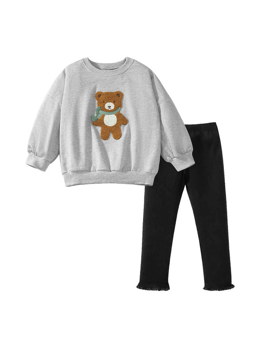 Conjunto de sudadera y pantalón negro de manga larga con estampado de osito de peluche para niñas de primavera y otoño 