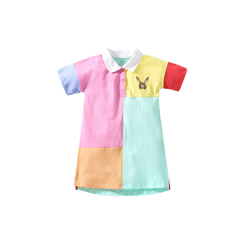 Summer Baby Kids Girls Short Sleeves Color Patchwork Polo Design Dress