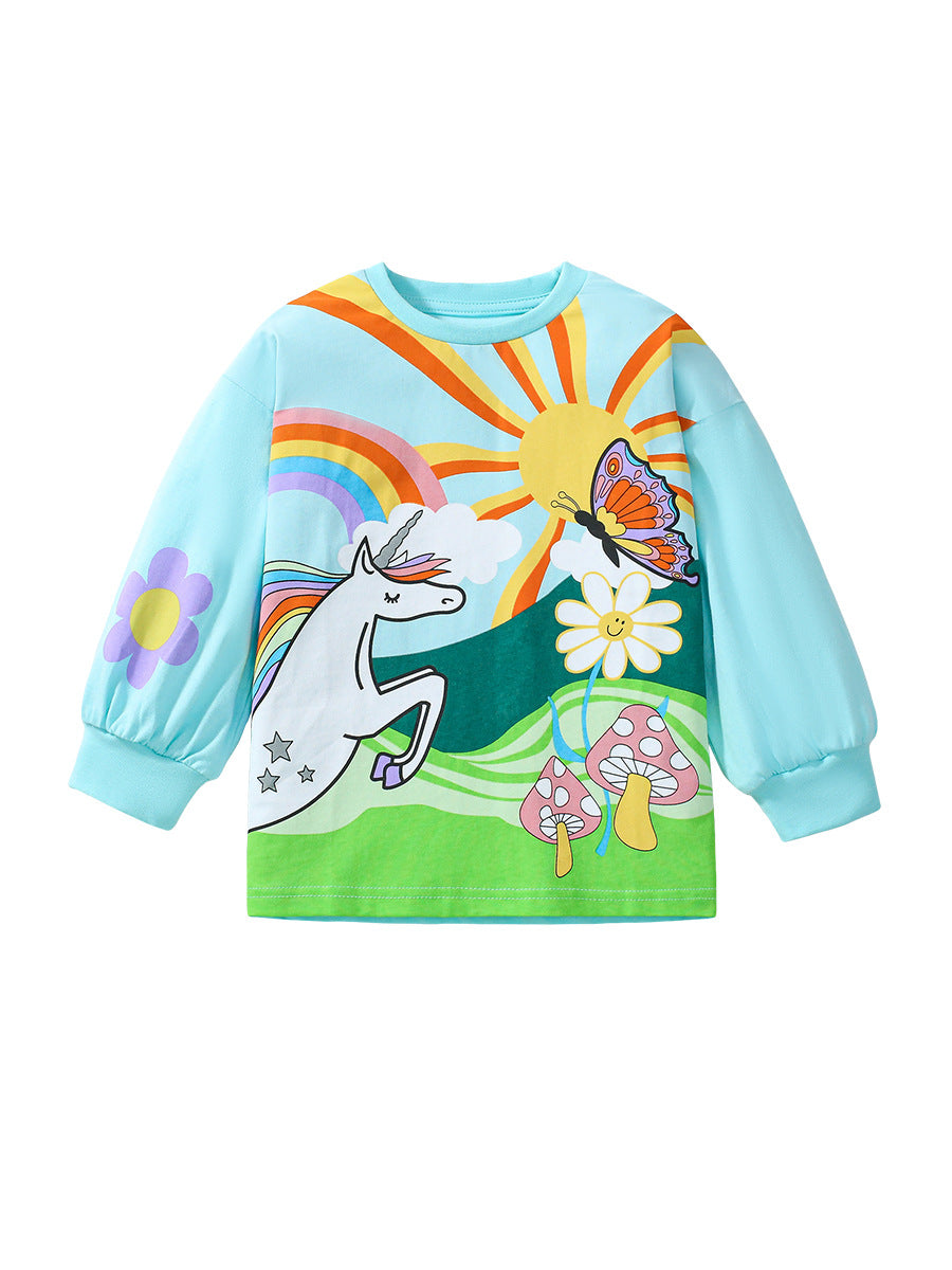 Arrival Autumn Girls’ Vivid Unicorn Cartoon Long Sleeves T-shirt in European and American Style