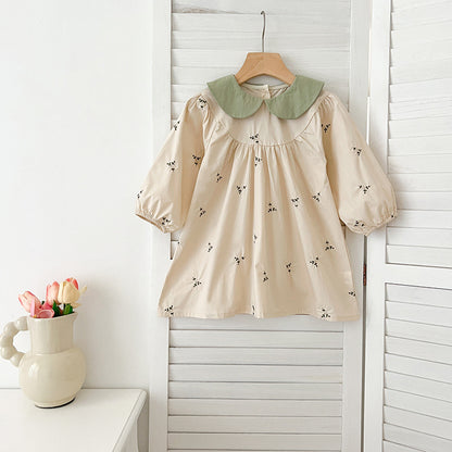 Conjunto de otoño para niñas y bebés con mangas largas y estampado floral bordado, cuello Peter Pan, mono y vestido a juego para princesas y hermanas 