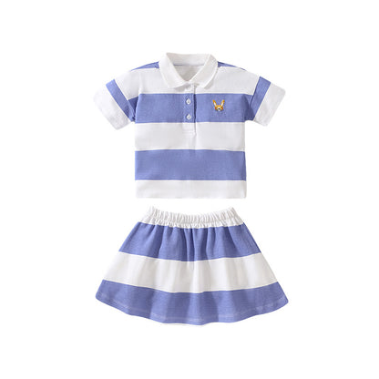 Summer Baby Kids Girls Animals Cartoon Logo Striped Polo Shirt And Skirt Clothing Set