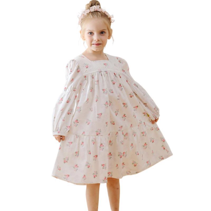 Design Autumn Girls Fashion Floral Long Sleeves Square Neck Dress