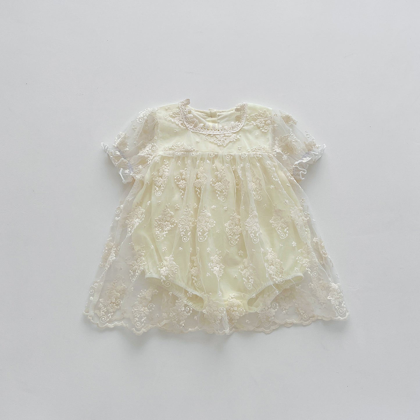 Summer Baby Girls Elegant Floral Embroidery Short Sleeves Lace Mesh Princess Onesie Dress