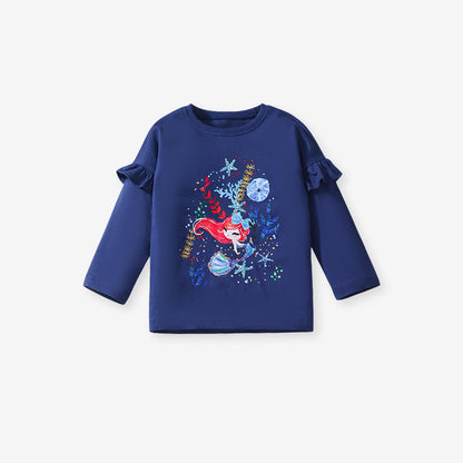 Spring And Autumn Girls Cute Cartoon Mermaid Pattern Long Sleeves Top T-Shirt And Pants Clothing Set