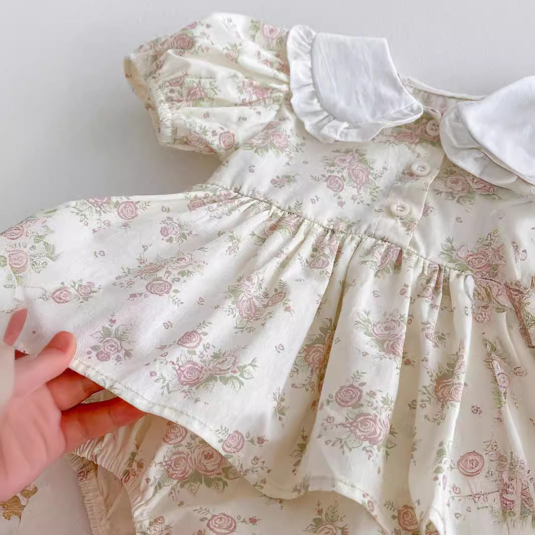 Summer New Arrival Baby Girls Short Sleeves Flowers Pattern Peter Pan Collar Onesies Dress