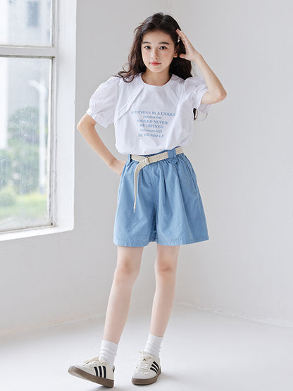 Summer Hot Selling Girls Letters Pattern Short Sleeves T-Shirt And Solid Color Pleated Shorts Clothing Set