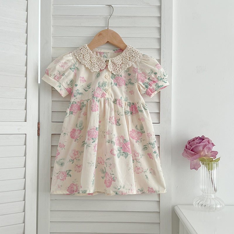 Summer Girls Floral Pattern Hollow Out Peter Pan Collar Short Sleeves Onesies And Girls’ Dress – Princess Sister Matching Set