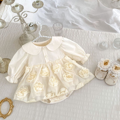 Autumn New Arrival Baby Girls Long Sleeves Solid Color 3D Tulle Flowers Attached Bodysuits Dress