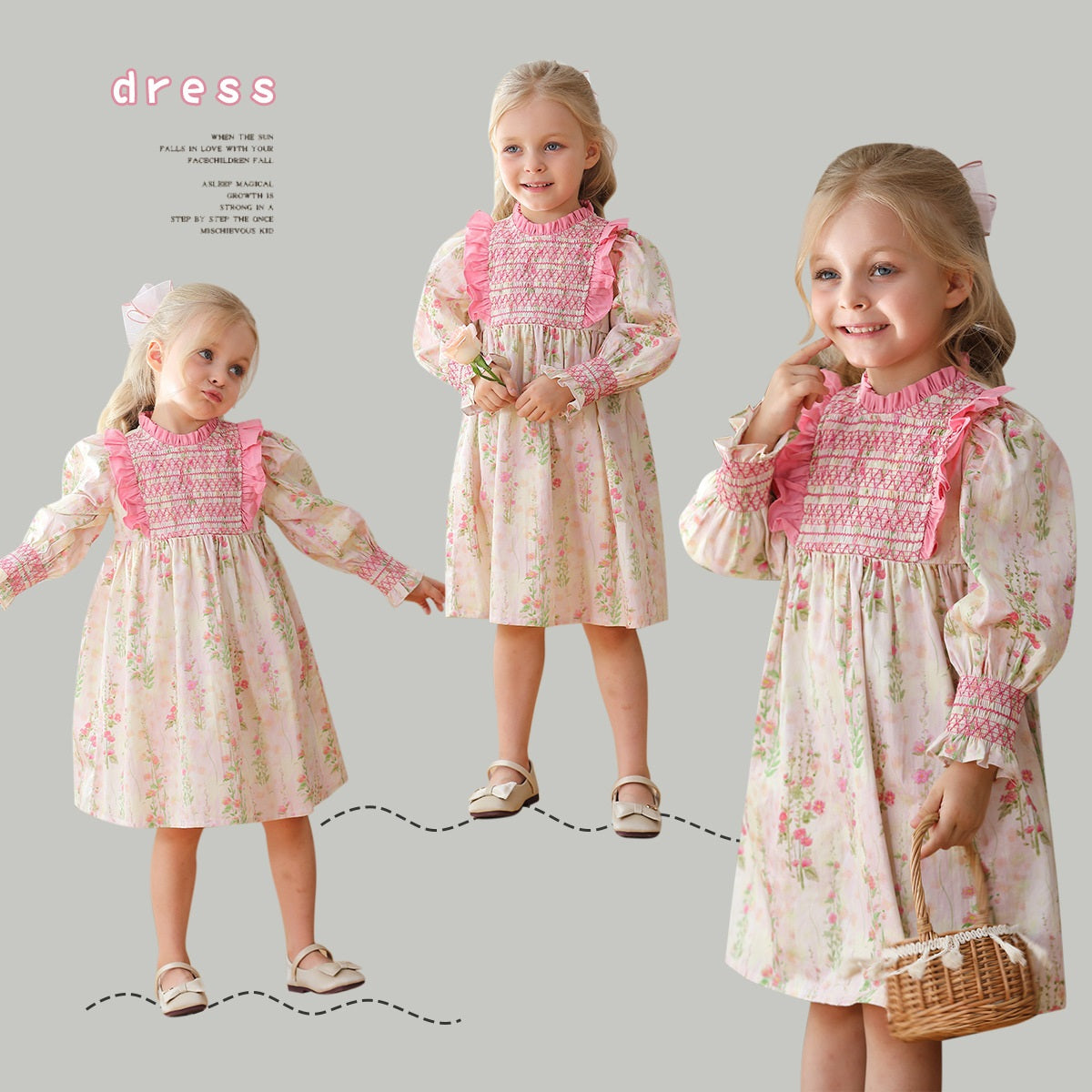 Vestido con cuello con volantes y mangas largas abullonadas con diseño floral a la moda para niñas de otoño