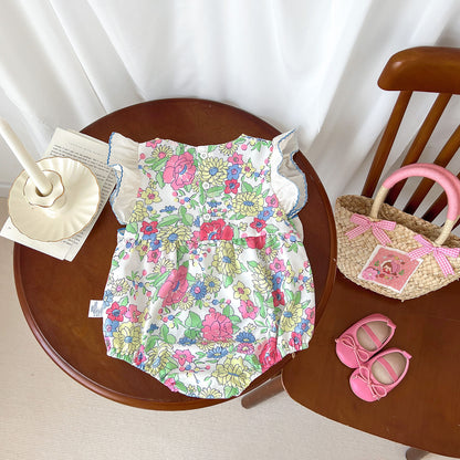 Summer New Arrival Baby Girls Floral Pattern Fly Sleeves 3D Bows Onesies